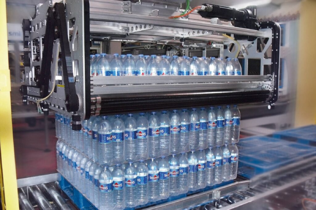 palletiser for film wrapped bottles